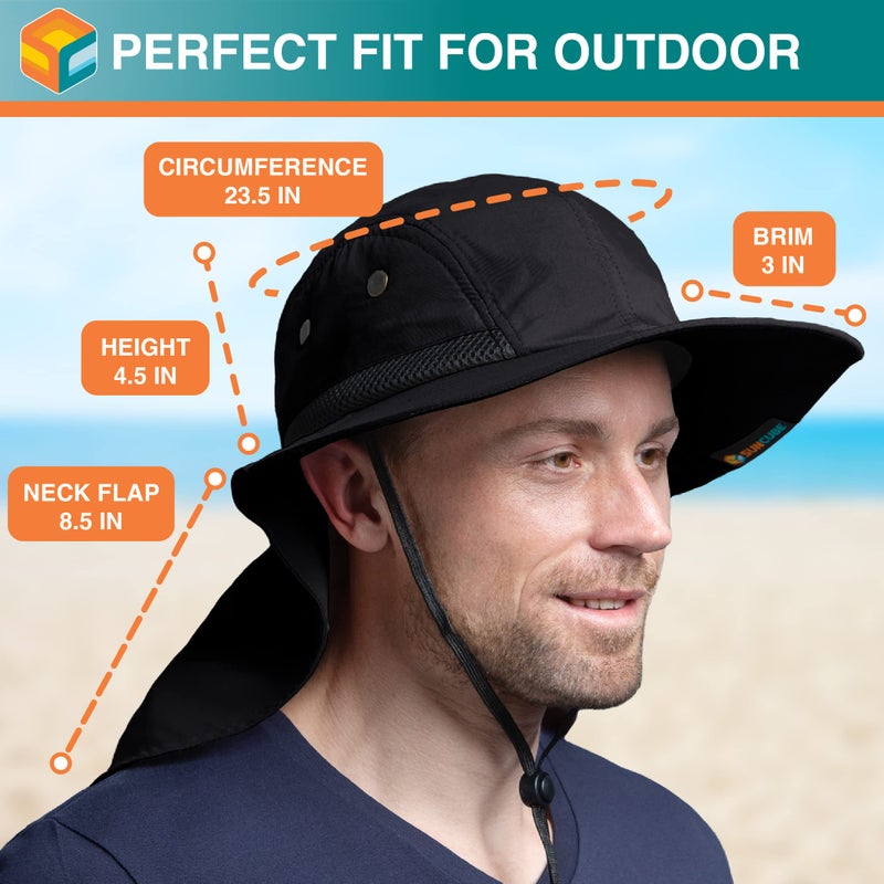Suncube SUN CUBE Sun Hat for Men, Wide Brim Fishing Hat Neck Flap Cover Men Women, Hiking Safari, UV Sun Protection Summer Gardening Beach Camping UPF 50+, Black - Image 4